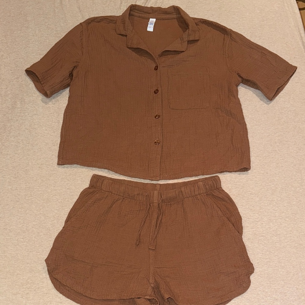 Stars Above Brown Linen Button-Up Shirt and Shorts Set